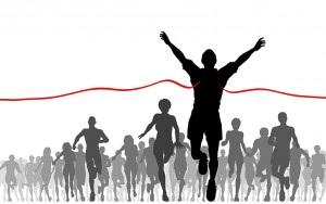Editable vector illustration of a man winning a race